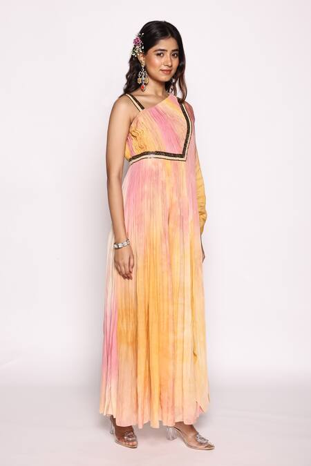 Buy_Abstract By Megha Jain Madaan_Pink Silk, Ombre Embellished Ruched Bodice Jumpsuit With Attached Dupatta _Online_at_Aza_Fashions