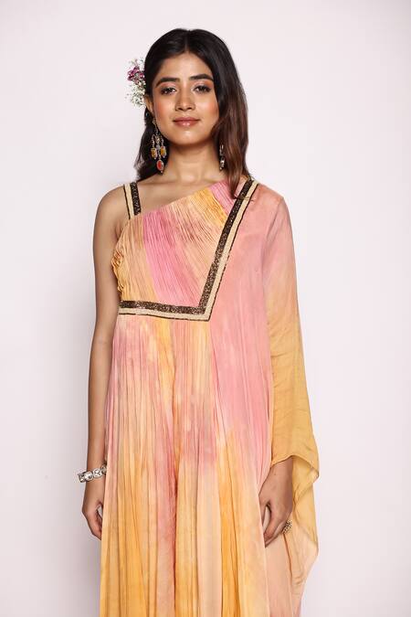 Shop_Abstract By Megha Jain Madaan_Pink Silk, Ombre Embellished Ruched Bodice Jumpsuit With Attached Dupatta _Online_at_Aza_Fashions