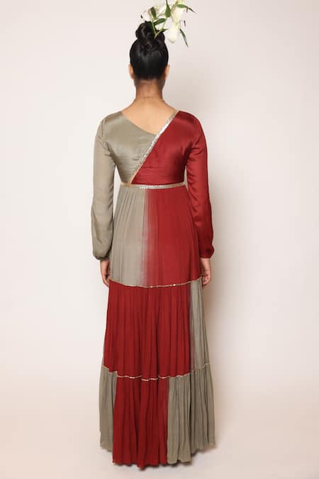 Abstract By Megha Jain Madaan 3D Floral Embellished Color Blocked Tiered Maxi Dress 