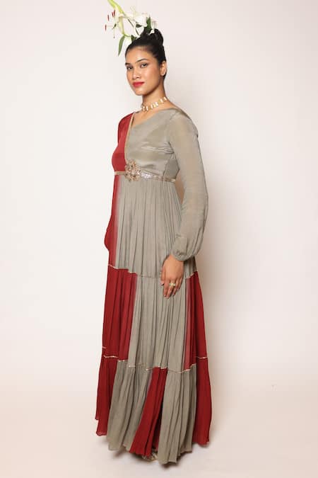Abstract By Megha Jain Madaan_Maroon Chiffon, Cotton 3d Floral Embellished Color Blocked Tiered Maxi Dress _Online_at_Aza_Fashions
