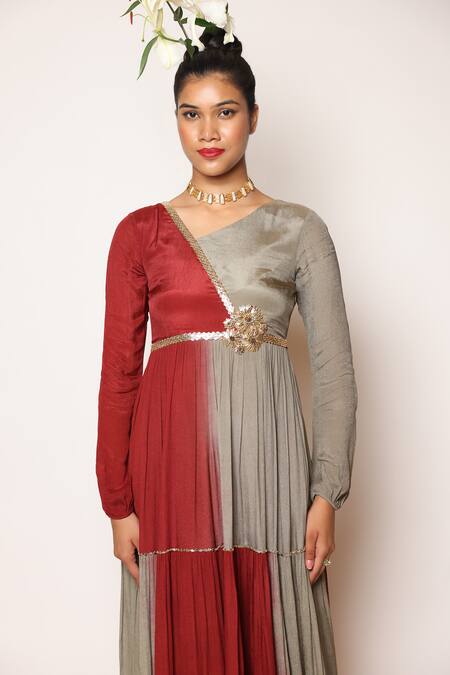 Buy_Abstract By Megha Jain Madaan_Maroon Chiffon, Cotton 3d Floral Embellished Color Blocked Tiered Maxi Dress _Online_at_Aza_Fashions