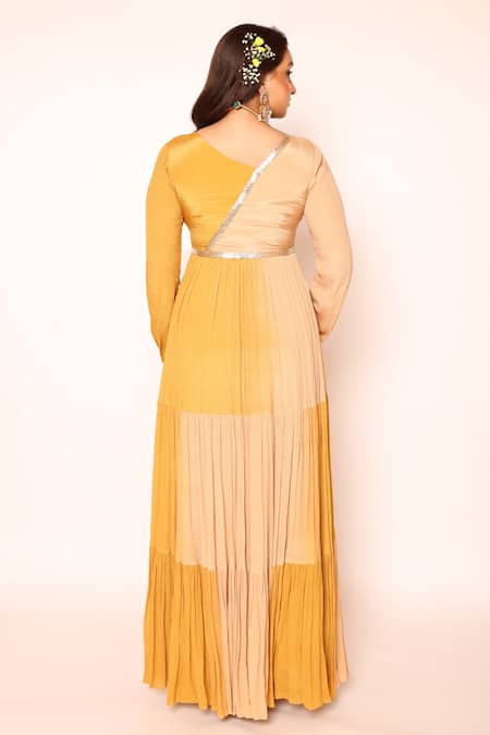 Abstract By Megha Jain Madaan Yellow Chiffon, Cotton Beads, 3d Bloom Embellished Color Blocked Tiered Dress Online at Aza Fashions Abstract By Megha Jain Madaan_Yellow Chiffon, Cotton Beads, 3d Bloom Embellished Color Blocked Tiered Dress _Online_at_Aza_Fashions