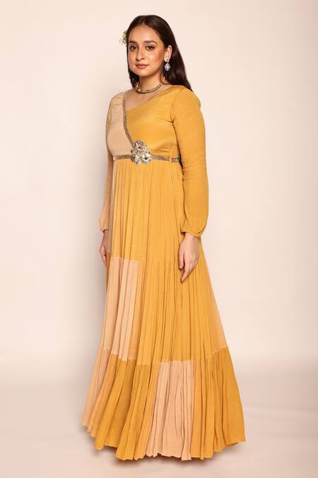 Buy Abstract By Megha Jain Madaan Yellow Chiffon, Cotton Beads, 3d Bloom Embellished Color Blocked Tiered Dress Online at Aza Fashions Buy_Abstract By Megha Jain Madaan_Yellow Chiffon, Cotton Beads, 3d Bloom Embellished Color Blocked Tiered Dress _Online_at_Aza_Fashions