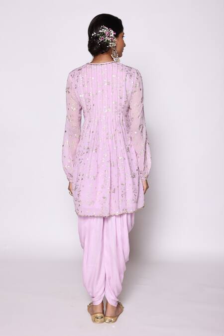 Abstract By Megha Jain Madaan Purple Georgette, Wisteria Fleur Foil Print Pleated Flare Tunic With Dhoti Pant Online at Aza Fashions Abstract By Megha Jain Madaan_Purple Georgette, Wisteria Fleur Foil Print Pleated Flare Tunic With Dhoti Pant _Online_at_Aza_Fashions