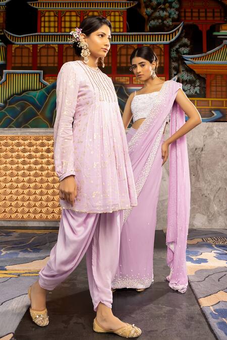 Shop Abstract By Megha Jain Madaan Purple Georgette, Wisteria Fleur Foil Print Pleated Flare Tunic With Dhoti Pant Online at Aza Fashions Shop_Abstract By Megha Jain Madaan_Purple Georgette, Wisteria Fleur Foil Print Pleated Flare Tunic With Dhoti Pant _Online_at_Aza_Fashions