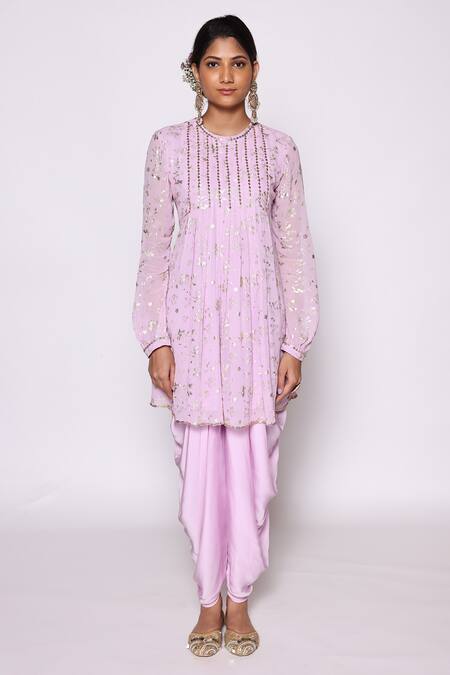 Abstract By Megha Jain Madaan Purple Georgette, Wisteria Fleur Foil Print Pleated Flare Tunic With Dhoti Pant at Aza Fashions Abstract By Megha Jain Madaan_Purple Georgette, Wisteria Fleur Foil Print Pleated Flare Tunic With Dhoti Pant _at_Aza_Fashions