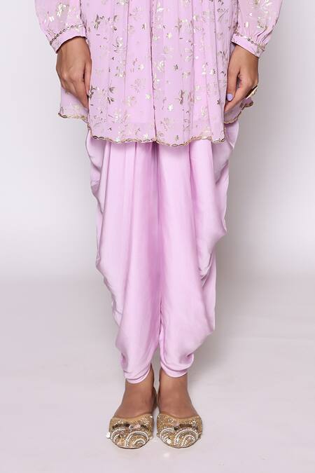 Buy Abstract By Megha Jain Madaan Purple Georgette, Wisteria Fleur Foil Print Pleated Flare Tunic With Dhoti Pant Buy_Abstract By Megha Jain Madaan_Purple Georgette, Wisteria Fleur Foil Print Pleated Flare Tunic With Dhoti Pant