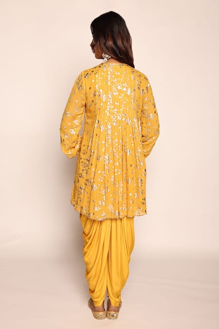 Abstract By Megha Jain Madaan Yellow Georgette, Pansy Fleur Foil Print Pleated Flare Tunic With Dhoti Pant Online at Aza Fashions Abstract By Megha Jain Madaan_Yellow Georgette, Pansy Fleur Foil Print Pleated Flare Tunic With Dhoti Pant _Online_at_Aza_Fashions