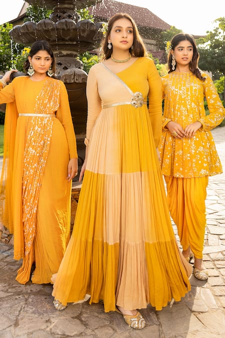 Buy Abstract By Megha Jain Madaan Yellow Georgette, Pansy Fleur Foil Print Pleated Flare Tunic With Dhoti Pant Online at Aza Fashions Buy_Abstract By Megha Jain Madaan_Yellow Georgette, Pansy Fleur Foil Print Pleated Flare Tunic With Dhoti Pant _Online_at_Aza_Fashions