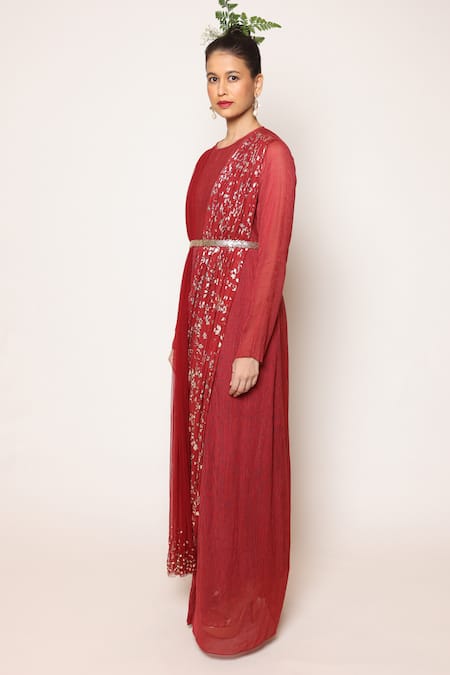 Buy Abstract By Megha Jain Madaan Maroon Georgette, Chiffon Beads, Begonia Fleur Embellished Draped Saree Gown Online at Aza Fashions Buy_Abstract By Megha Jain Madaan_Maroon Georgette, Chiffon Beads, Begonia Fleur Embellished Draped Saree Gown _Online_at_Aza_Fashions