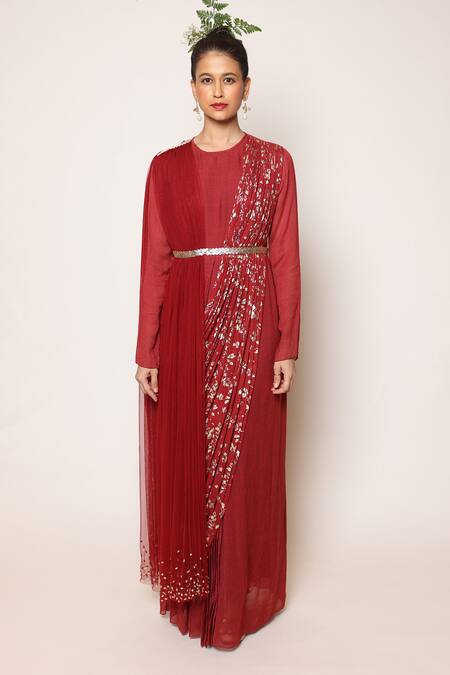 Shop Abstract By Megha Jain Madaan Maroon Georgette, Chiffon Beads, Begonia Fleur Embellished Draped Saree Gown Online at Aza Fashions Shop_Abstract By Megha Jain Madaan_Maroon Georgette, Chiffon Beads, Begonia Fleur Embellished Draped Saree Gown _Online_at_Aza_Fashions