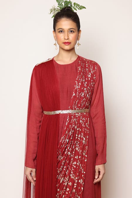 Abstract By Megha Jain Madaan Maroon Georgette, Chiffon Beads, Begonia Fleur Embellished Draped Saree Gown at Aza Fashions Abstract By Megha Jain Madaan_Maroon Georgette, Chiffon Beads, Begonia Fleur Embellished Draped Saree Gown _at_Aza_Fashions