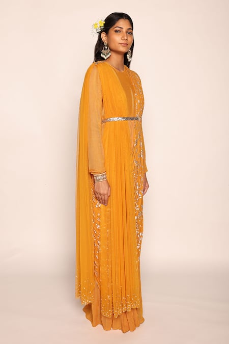 Buy_Abstract By Megha Jain Madaan_Yellow Georgette, Brocade, Chiffon Foil Mustard Floor Length Concept Saree _Online_at_Aza_Fashions