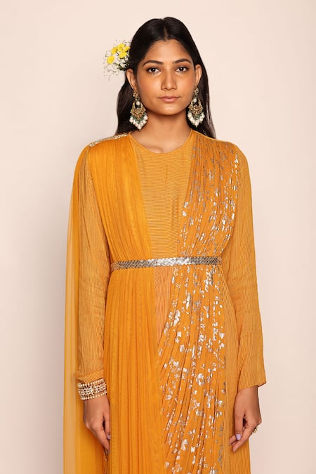 Shop_Abstract By Megha Jain Madaan_Yellow Georgette, Brocade, Chiffon Foil Mustard Floor Length Concept Saree _Online_at_Aza_Fashions
