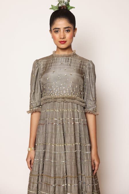 Shop Abstract By Megha Jain Madaan Grey Silk, Cotton Sequins, Beads Round Holographic And Embroidered Maxi Dress Online at Aza Fashions Shop_Abstract By Megha Jain Madaan_Grey Silk, Cotton Sequins, Beads Round Holographic And Embroidered Maxi Dress _Online_at_Aza_Fashions