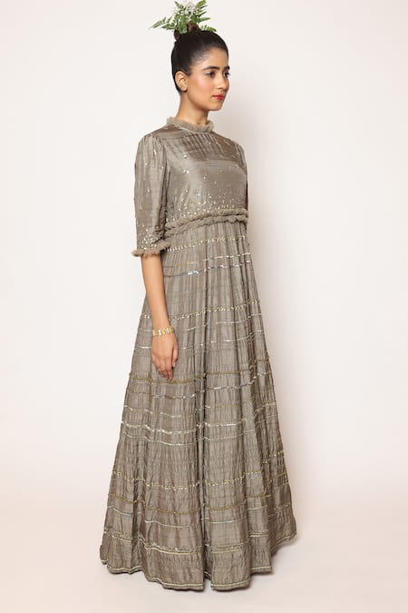 Abstract By Megha Jain Madaan Grey Silk, Cotton Sequins, Beads Round Holographic And Embroidered Maxi Dress at Aza Fashions Abstract By Megha Jain Madaan_Grey Silk, Cotton Sequins, Beads Round Holographic And Embroidered Maxi Dress _at_Aza_Fashions