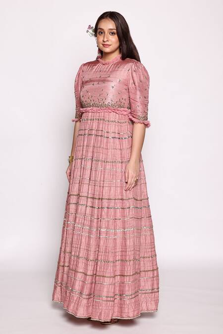 Buy Abstract By Megha Jain Madaan Pink Silk, Cotton Sequins, Beads Round Neck Embellished Maxi Dress Online at Aza Fashions Buy_Abstract By Megha Jain Madaan_Pink Silk, Cotton Sequins, Beads Round Neck Embellished Maxi Dress _Online_at_Aza_Fashions
