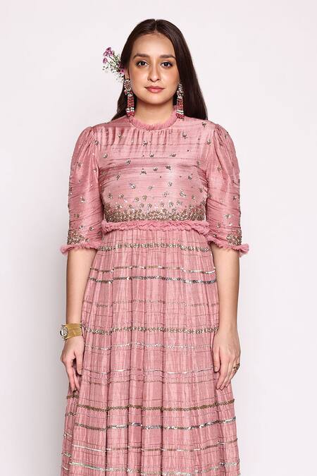 Shop Abstract By Megha Jain Madaan Pink Silk, Cotton Sequins, Beads Round Neck Embellished Maxi Dress Online at Aza Fashions Shop_Abstract By Megha Jain Madaan_Pink Silk, Cotton Sequins, Beads Round Neck Embellished Maxi Dress _Online_at_Aza_Fashions