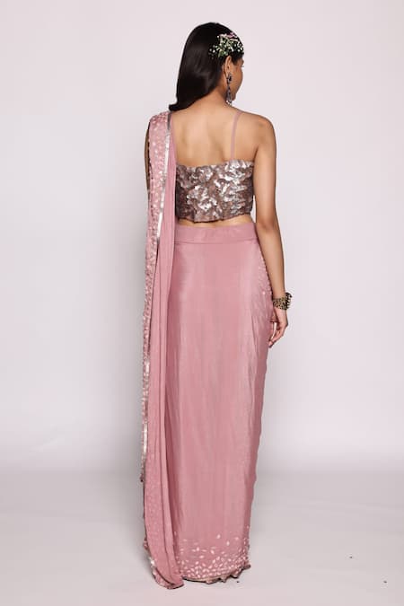 Shop_Abstract By Megha Jain Madaan_Pink Chiffon, Cotton Beads, Sequins Square Neck And Work Saree With Blouse _at_Aza_Fashions