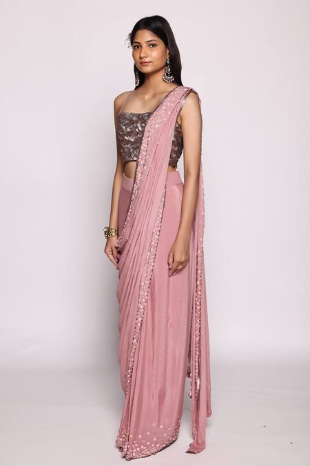 Abstract By Megha Jain Madaan_Pink Chiffon, Cotton Beads, Sequins Square Neck And Work Saree With Blouse _Online_at_Aza_Fashions