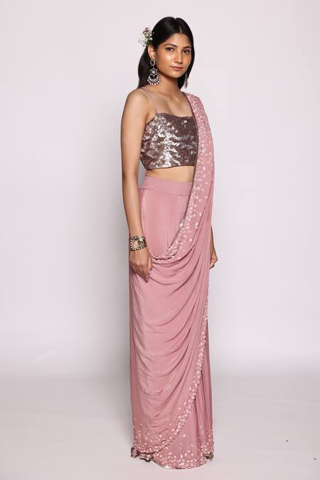 Buy_Abstract By Megha Jain Madaan_Pink Chiffon, Cotton Beads, Sequins Square Neck And Work Saree With Blouse _Online_at_Aza_Fashions