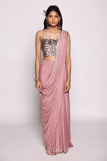 Shop_Abstract By Megha Jain Madaan_Pink Chiffon, Cotton Beads, Sequins Square Neck And Work Saree With Blouse _Online_at_Aza_Fashions