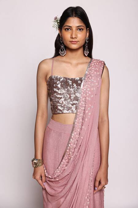 Abstract By Megha Jain Madaan_Pink Chiffon, Cotton Beads, Sequins Square Neck And Work Saree With Blouse _at_Aza_Fashions