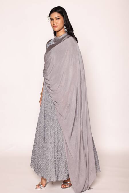 Shop Abstract By Megha Jain Madaan Grey Jacquard, Lurex, Cotton Sequins, Beads Draped Floral Embroidered Dress Online at Aza Fashions Shop_Abstract By Megha Jain Madaan_Grey Jacquard, Lurex, Cotton Sequins, Beads Draped Floral Embroidered Dress _Online_at_Aza_Fashions