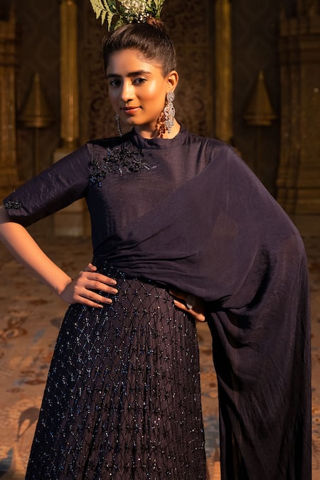 Shop_Abstract By Megha Jain Madaan_Blue Jacquard, Lurex, Cotton Sequins, Beads 3d Floral Embroidered Draped Dress _at_Aza_Fashions