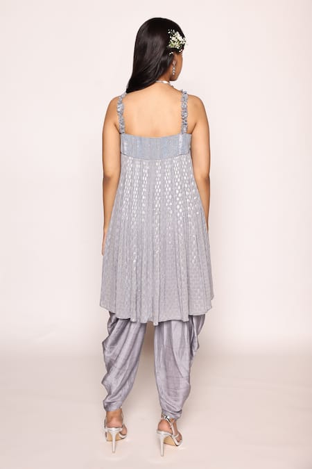 Shop Abstract By Megha Jain Madaan Blue Jacquard, Georgette, Silk Beads, Ruffle Strap Gathered Top And Dhoti Pant at Aza Fashions Shop_Abstract By Megha Jain Madaan_Blue Jacquard, Georgette, Silk Beads, Ruffle Strap Gathered Top And Dhoti Pant _at_Aza_Fashions