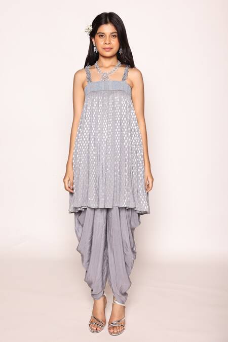 Buy Abstract By Megha Jain Madaan Blue Jacquard, Georgette, Silk Beads, Ruffle Strap Gathered Top And Dhoti Pant Online at Aza Fashions Buy_Abstract By Megha Jain Madaan_Blue Jacquard, Georgette, Silk Beads, Ruffle Strap Gathered Top And Dhoti Pant _Online_at_Aza_Fashions