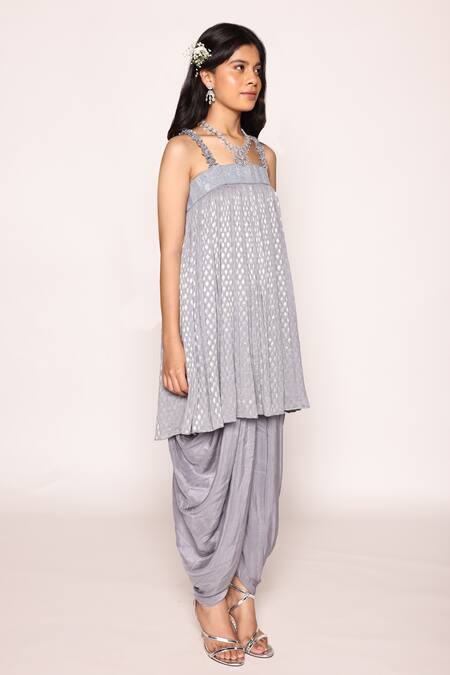 Abstract By Megha Jain Madaan Blue Jacquard, Georgette, Silk Beads, Ruffle Strap Gathered Top And Dhoti Pant at Aza Fashions Abstract By Megha Jain Madaan_Blue Jacquard, Georgette, Silk Beads, Ruffle Strap Gathered Top And Dhoti Pant _at_Aza_Fashions