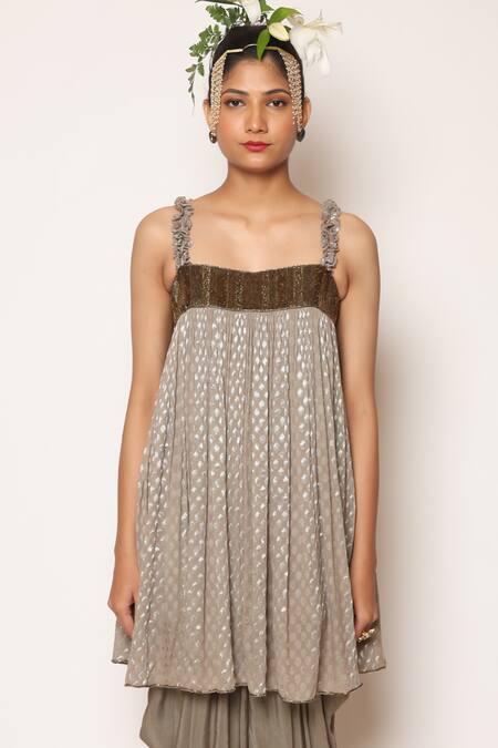 Buy_Abstract By Megha Jain Madaan_Grey Jacquard, Silk, Cotton Beads Ruffle Strap Embellished Flared And Dhoti Pant _Online_at_Aza_Fashions