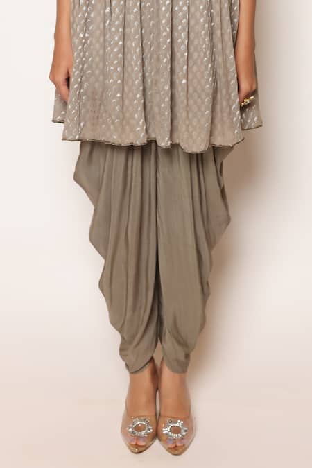 Shop_Abstract By Megha Jain Madaan_Grey Jacquard, Silk, Cotton Beads Ruffle Strap Embellished Flared And Dhoti Pant _Online_at_Aza_Fashions