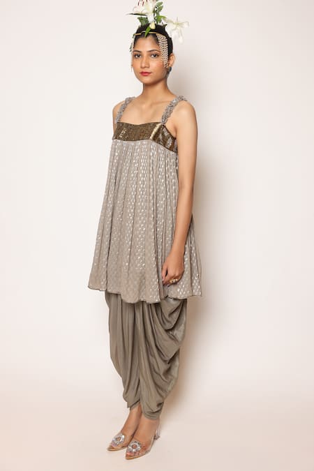 Abstract By Megha Jain Madaan_Grey Jacquard, Silk, Cotton Beads Ruffle Strap Embellished Flared And Dhoti Pant _at_Aza_Fashions