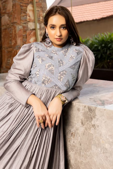 Abstract By Megha Jain Madaan Blue Jacquard, Lurex, Cotton Beads, Sequins Geometric Pattern Embellished Dress at Aza Fashions Abstract By Megha Jain Madaan_Blue Jacquard, Lurex, Cotton Beads, Sequins Geometric Pattern Embellished Dress _at_Aza_Fashions