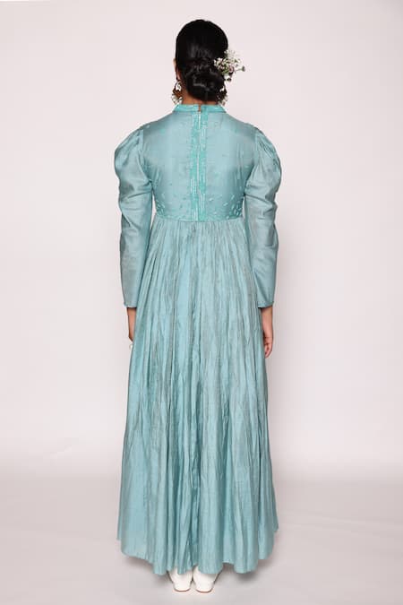 Abstract By Megha Jain Madaan Blue Jacquard, Lurex, Cotton Beads, Sequins High Embellished Yoke Long Dress Online at Aza Fashions Abstract By Megha Jain Madaan_Blue Jacquard, Lurex, Cotton Beads, Sequins High Embellished Yoke Long Dress _Online_at_Aza_Fashions