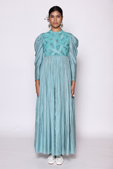 Buy Abstract By Megha Jain Madaan Blue Jacquard, Lurex, Cotton Beads, Sequins High Embellished Yoke Long Dress Online at Aza Fashions Buy_Abstract By Megha Jain Madaan_Blue Jacquard, Lurex, Cotton Beads, Sequins High Embellished Yoke Long Dress _Online_at_Aza_Fashions