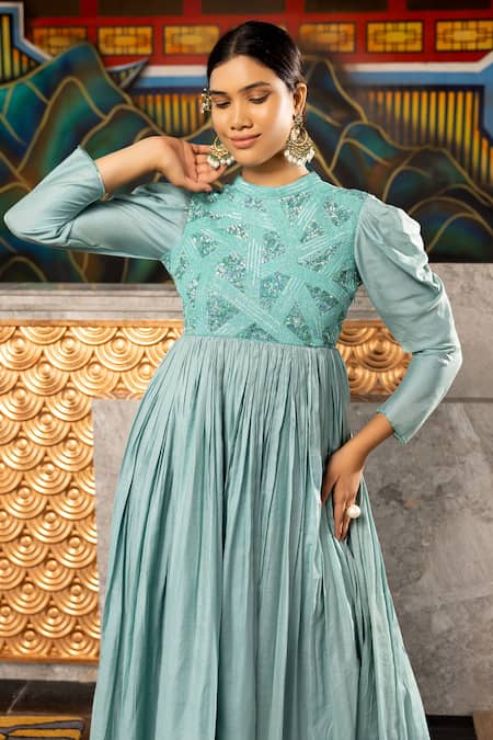 Shop Abstract By Megha Jain Madaan Blue Jacquard, Lurex, Cotton Beads, Sequins High Embellished Yoke Long Dress Online at Aza Fashions Shop_Abstract By Megha Jain Madaan_Blue Jacquard, Lurex, Cotton Beads, Sequins High Embellished Yoke Long Dress _Online_at_Aza_Fashions