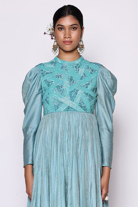 Abstract By Megha Jain Madaan Blue Jacquard, Lurex, Cotton Beads, Sequins High Embellished Yoke Long Dress at Aza Fashions Abstract By Megha Jain Madaan_Blue Jacquard, Lurex, Cotton Beads, Sequins High Embellished Yoke Long Dress _at_Aza_Fashions