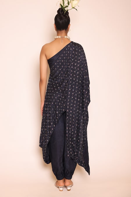Abstract By Megha Jain Madaan Blue Silk, Cotton Beads, Sequins, Piping One Draped Tunic And Jogger Pant Set Online at Aza Fashions Abstract By Megha Jain Madaan_Blue Silk, Cotton Beads, Sequins, Piping One Draped Tunic And Jogger Pant Set _Online_at_Aza_Fashions