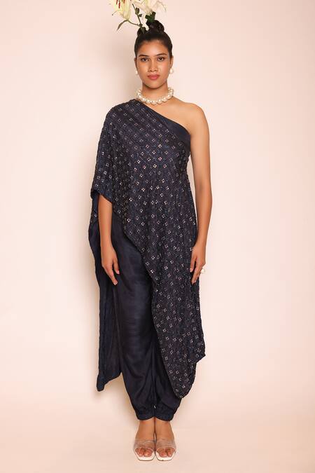 Buy Abstract By Megha Jain Madaan Blue Silk, Cotton Beads, Sequins, Piping One Draped Tunic And Jogger Pant Set Online at Aza Fashions Buy_Abstract By Megha Jain Madaan_Blue Silk, Cotton Beads, Sequins, Piping One Draped Tunic And Jogger Pant Set _Online_at_Aza_Fashions
