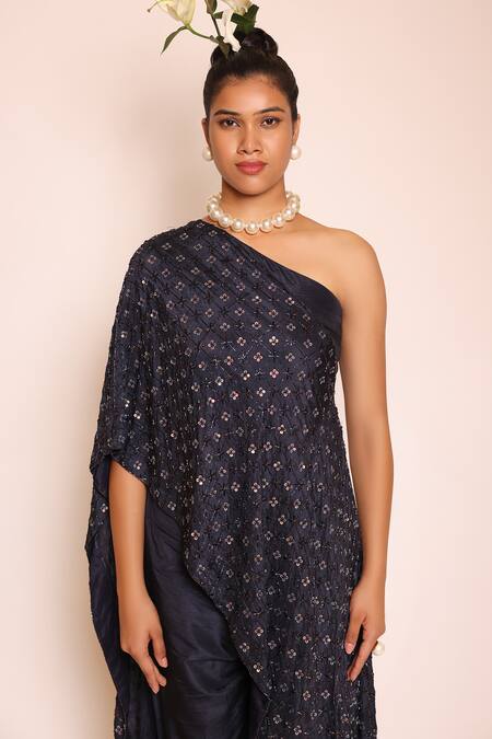 Shop Abstract By Megha Jain Madaan Blue Silk, Cotton Beads, Sequins, Piping One Draped Tunic And Jogger Pant Set Online at Aza Fashions Shop_Abstract By Megha Jain Madaan_Blue Silk, Cotton Beads, Sequins, Piping One Draped Tunic And Jogger Pant Set _Online_at_Aza_Fashions