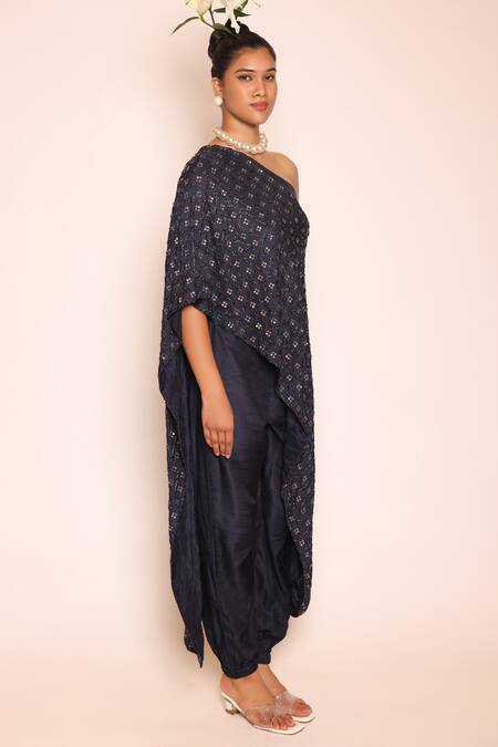 Abstract By Megha Jain Madaan Blue Silk, Cotton Beads, Sequins, Piping One Draped Tunic And Jogger Pant Set at Aza Fashions Abstract By Megha Jain Madaan_Blue Silk, Cotton Beads, Sequins, Piping One Draped Tunic And Jogger Pant Set _at_Aza_Fashions