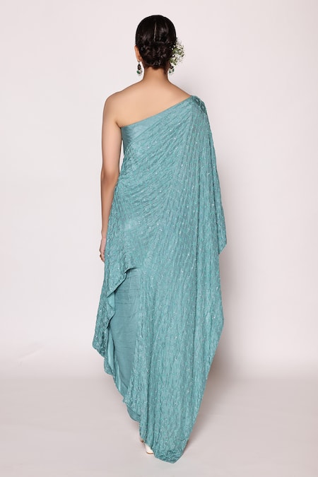 Abstract By Megha Jain Madaan Blue Silk, Cotton Beads, Sequins One Shoulder Asymmetric Tunic And Jogger Pant Set Online at Aza Fashions Abstract By Megha Jain Madaan_Blue Silk, Cotton Beads, Sequins One Shoulder Asymmetric Tunic And Jogger Pant Set _Online_at_Aza_Fashions