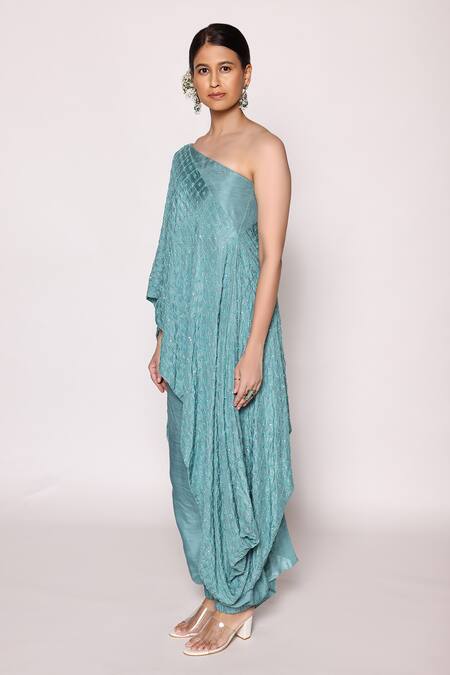 Buy Abstract By Megha Jain Madaan Blue Silk, Cotton Beads, Sequins One Shoulder Asymmetric Tunic And Jogger Pant Set Online at Aza Fashions Buy_Abstract By Megha Jain Madaan_Blue Silk, Cotton Beads, Sequins One Shoulder Asymmetric Tunic And Jogger Pant Set _Online_at_Aza_Fashions