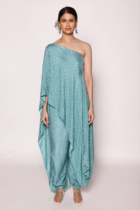 Shop Abstract By Megha Jain Madaan Blue Silk, Cotton Beads, Sequins One Shoulder Asymmetric Tunic And Jogger Pant Set Online at Aza Fashions Shop_Abstract By Megha Jain Madaan_Blue Silk, Cotton Beads, Sequins One Shoulder Asymmetric Tunic And Jogger Pant Set _Online_at_Aza_Fashions