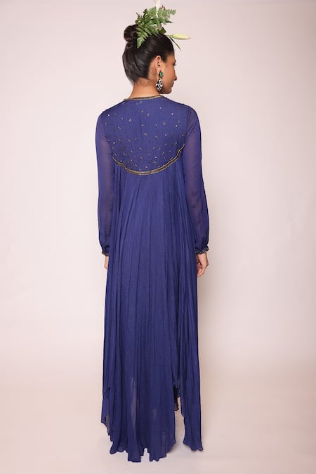 Shop Abstract By Megha Jain Madaan Blue Cotton, Chiffon Beads, Piping Round 3d Floral Work Asymmetric Maxi Dress at Aza Fashions Shop_Abstract By Megha Jain Madaan_Blue Cotton, Chiffon Beads, Piping Round 3d Floral Work Asymmetric Maxi Dress _at_Aza_Fashions