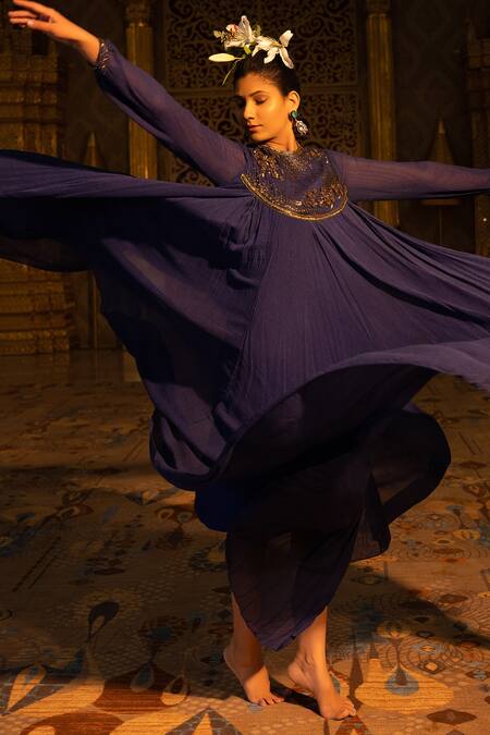 Abstract By Megha Jain Madaan Blue Cotton, Chiffon Beads, Piping Round 3d Floral Work Asymmetric Maxi Dress Online at Aza Fashions Abstract By Megha Jain Madaan_Blue Cotton, Chiffon Beads, Piping Round 3d Floral Work Asymmetric Maxi Dress _Online_at_Aza_Fashions