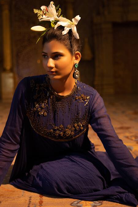 Buy Abstract By Megha Jain Madaan Blue Cotton, Chiffon Beads, Piping Round 3d Floral Work Asymmetric Maxi Dress Online at Aza Fashions Buy_Abstract By Megha Jain Madaan_Blue Cotton, Chiffon Beads, Piping Round 3d Floral Work Asymmetric Maxi Dress _Online_at_Aza_Fashions